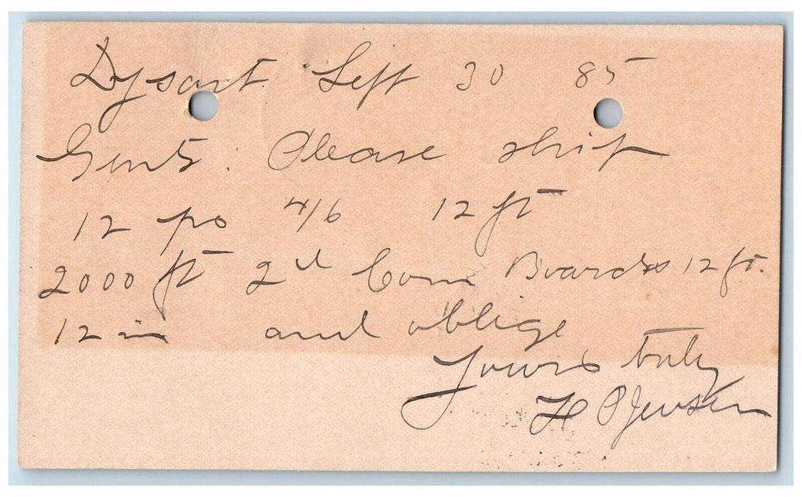 1885 Lumber Order Dysart Iowa IA Tama County IA Clinton IA Postal Card