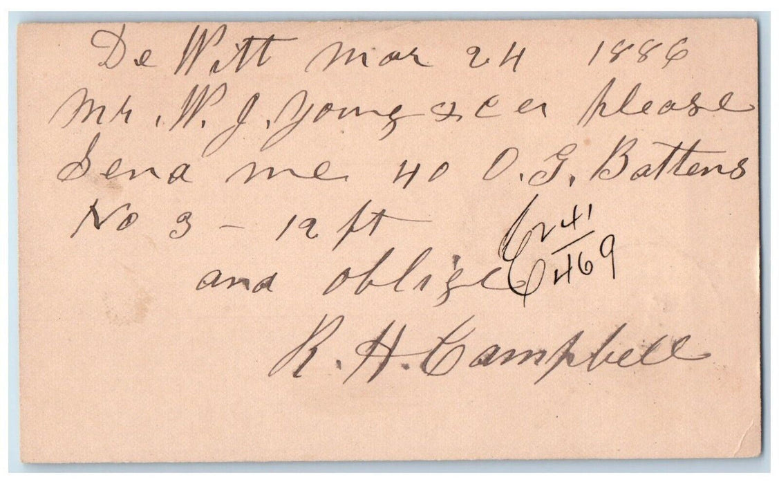 1886 Lumber Order WJ Young & Co Dewitt Iowa IA Clinton IA Antique Postal Card