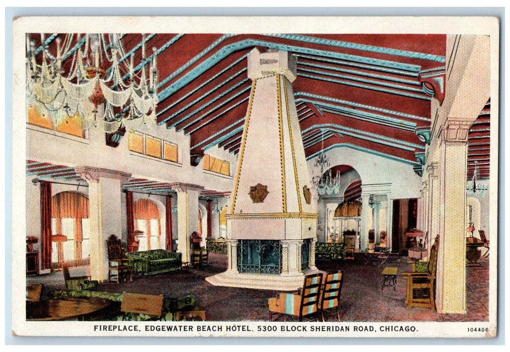1926 Fireplace Edgewater Beach Hotel Interior Scene Chicago Illinois IL Postcard