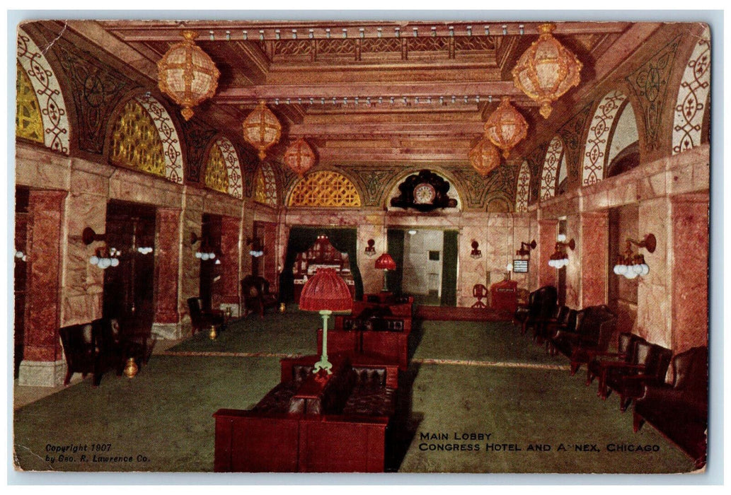1909 Main Lobby Congress Hotel And Annex Chicago Illinois IL Antique Postcard