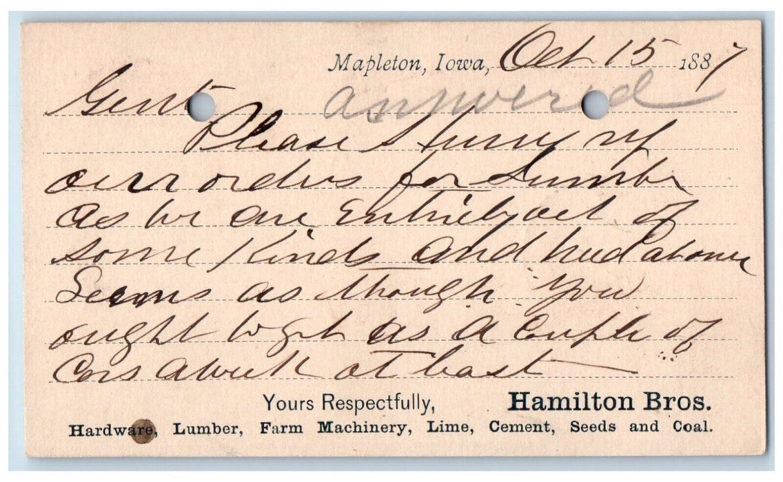 1887 Hamilton Bros Hardware Lumber Mapleton Iowa IA Antique Postal Card