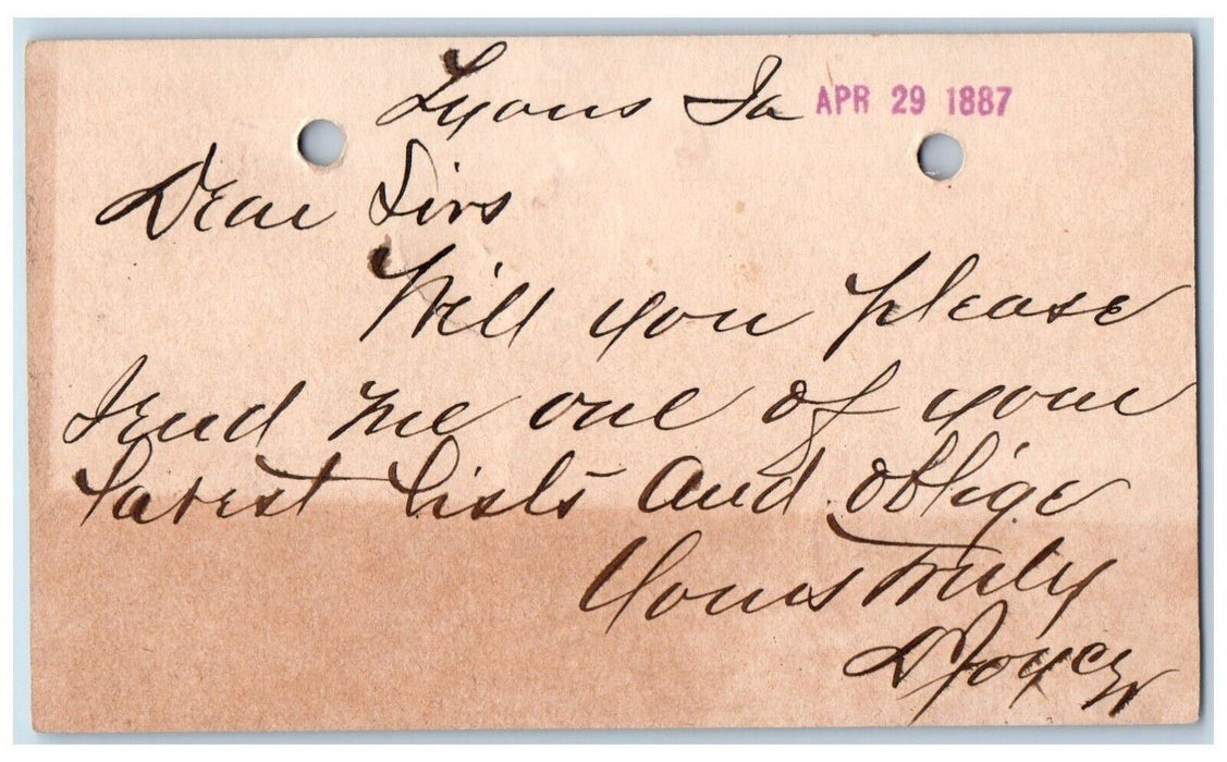 1887 Parent Lists WJ Young & Co. Lyons Iowa IA Clinton IA Postal Card