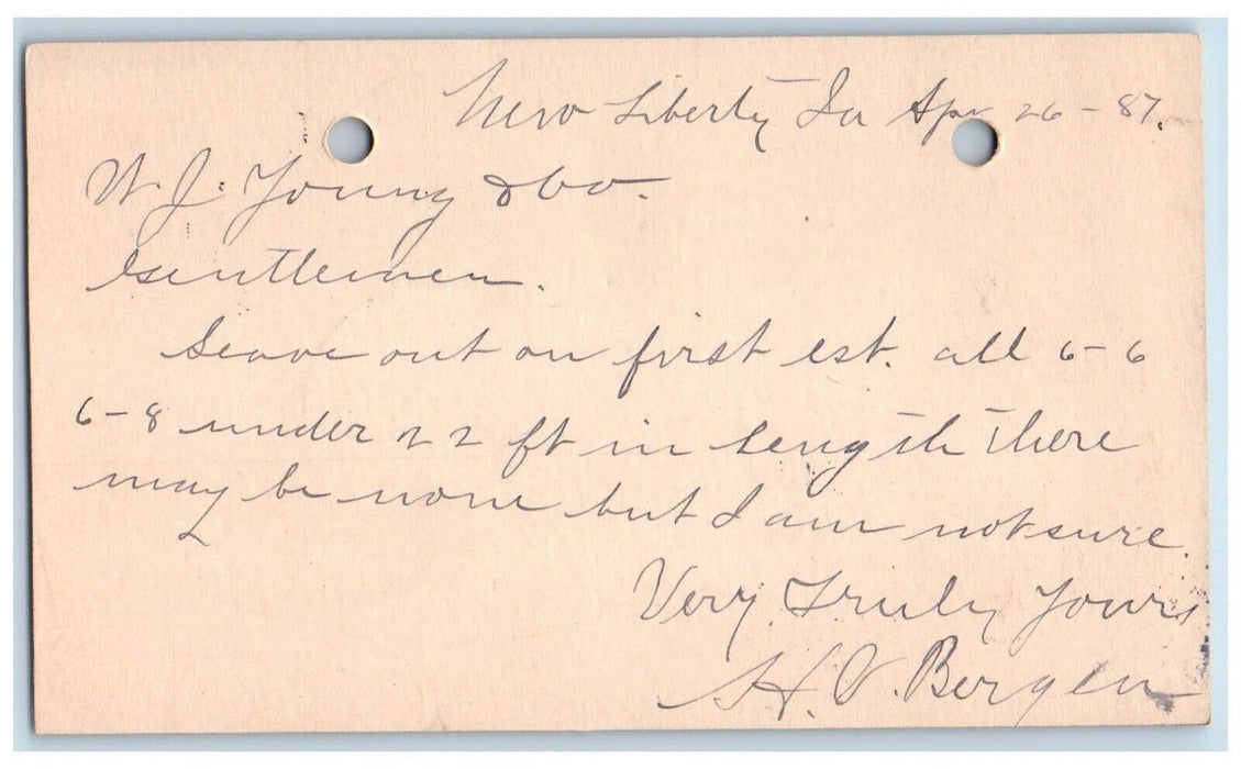 1887 WJ Young & Co Lumber Scott County New Liberty Clinton Iowa IA Postal Card