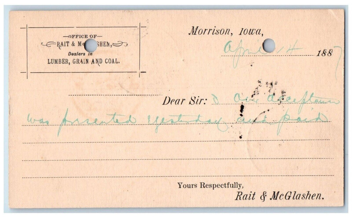 1887 Rait & McGlashen Lumber Grain Coal Morrison Clinton IA Postal Card