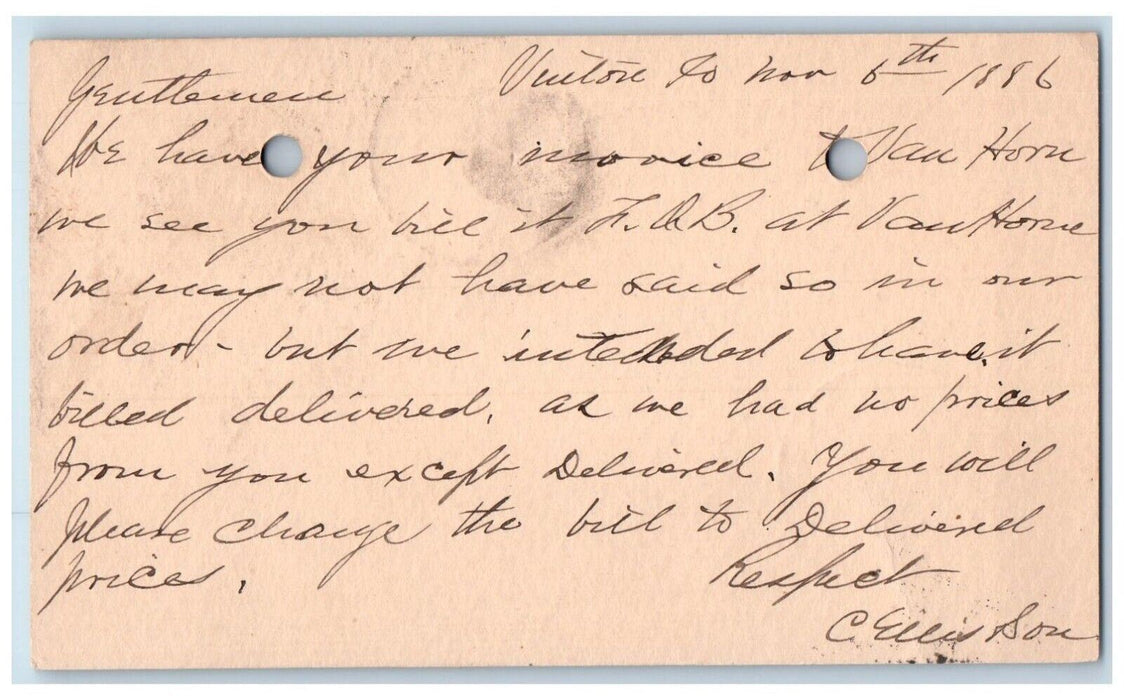 1886 Delivered Order Van Horn Vinton Iowa IA Clinton IA Antique Postal Card