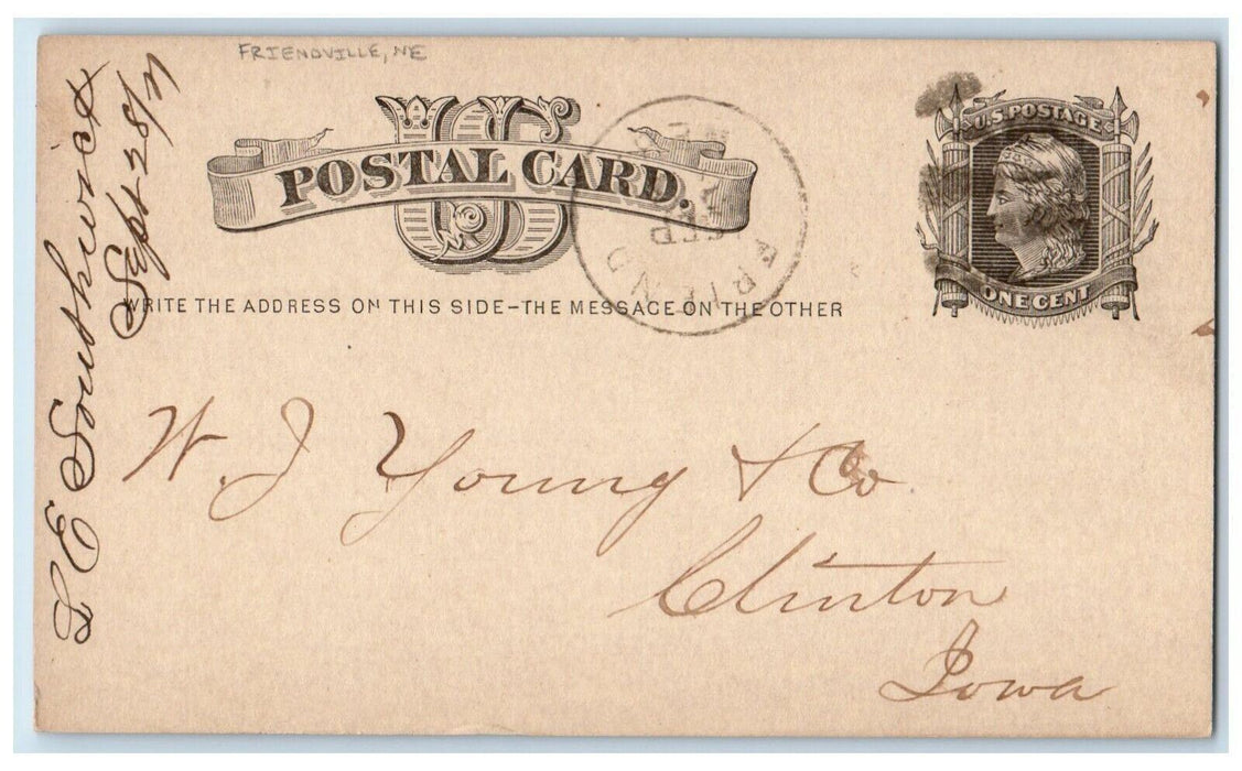 1877 Give Lowest Price Friendville Nebraska NE Clinton IA Postal Card