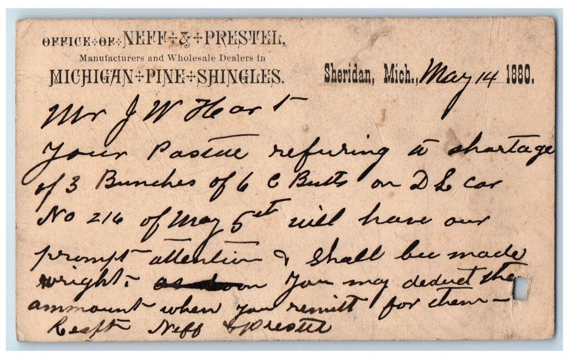 1880 Neff & Prestel Michigan Pine Shingles Sheridan Michigan MI Postal Card