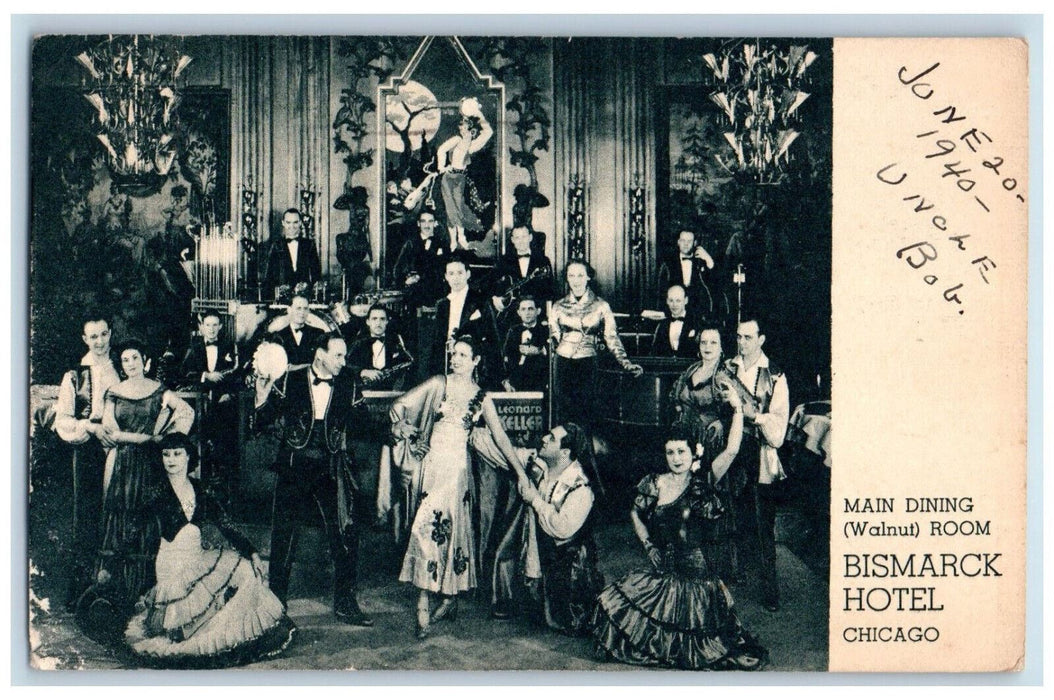 1940 Main Dining Walnut Room Bismarck Hotel Chicago Illinois IL Vintage Postcard