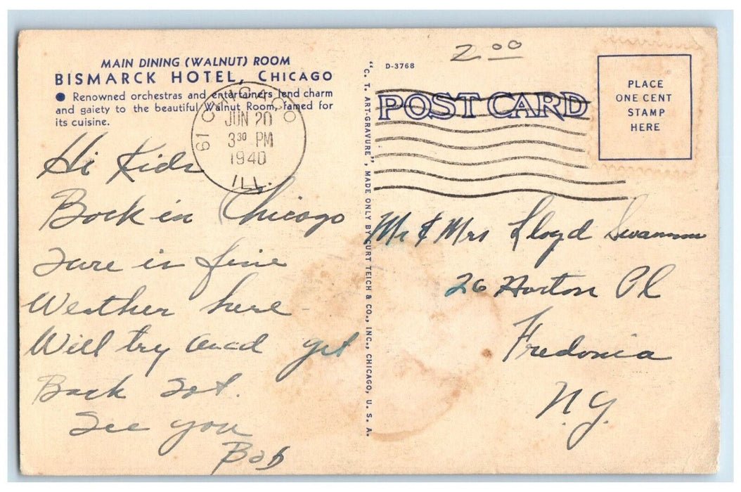 1940 Main Dining Walnut Room Bismarck Hotel Chicago Illinois IL Vintage Postcard