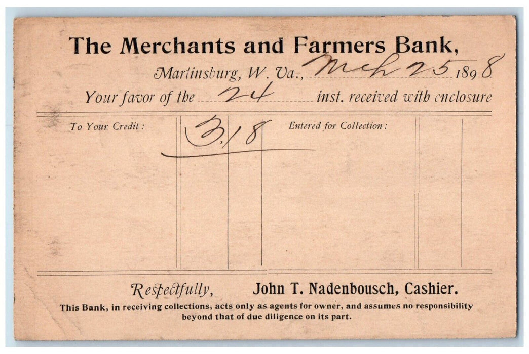 1898 The Merchants and Farmers Bank Martinsburg West Virginia WV Postal Card