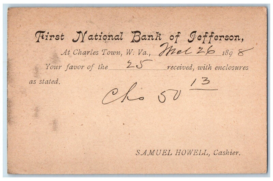 1898 First National Bank of Jefferson Charlestown West Virginia WV Postal Card