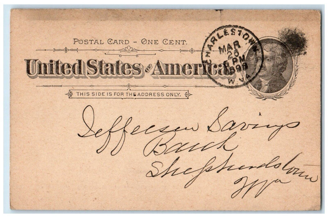 1898 First National Bank of Jefferson Charlestown West Virginia WV Postal Card