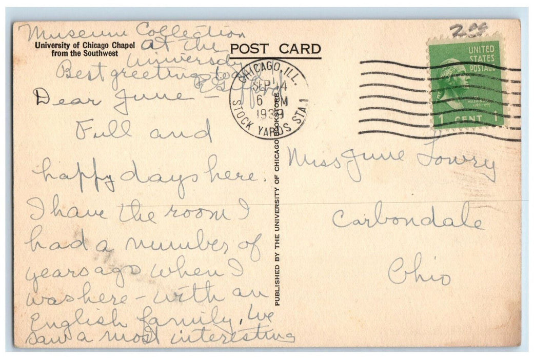 1939 University Of Chicago Chapel From The Southwest Illinois IL Postcard