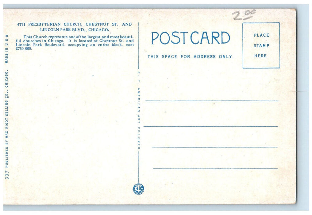 4th Presbyterian Church Chestnut St. Lincoln Park Chicago Illinois IL Postcard