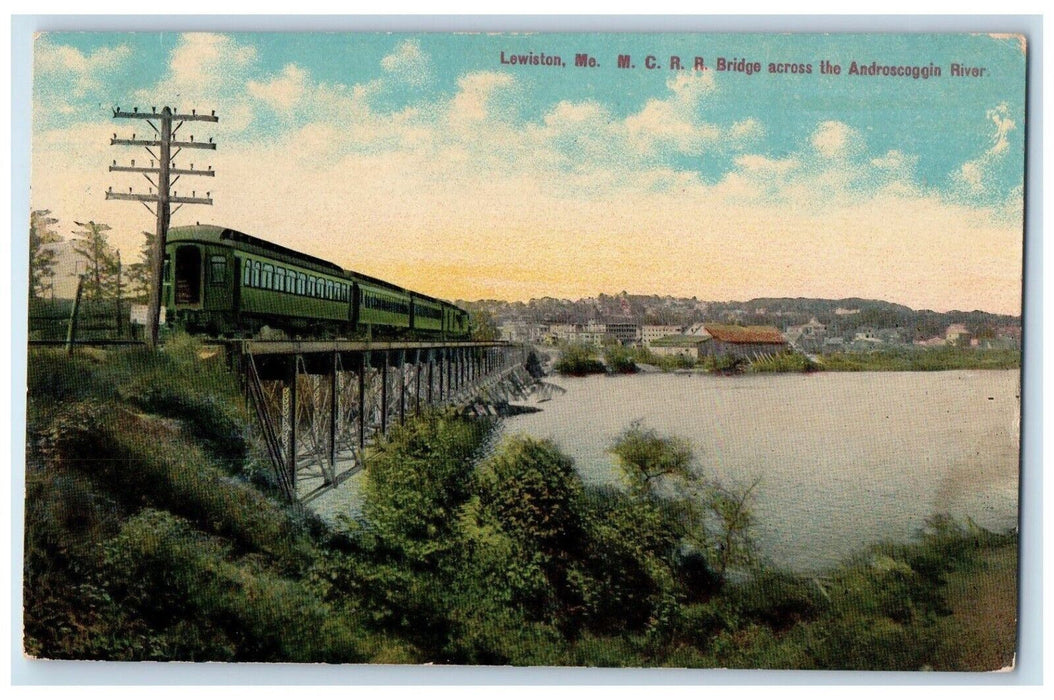 1910 Bridge Across Androscoggin River Train Railroad Lewsiton Maine ME Postcard