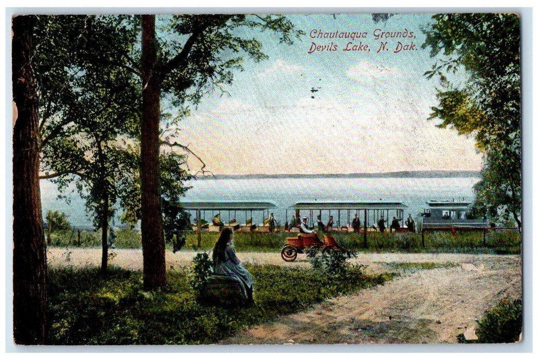 1910 Chautauqua Grounds Motorcycle Ship Road Devils Lake North Dakota Postcard