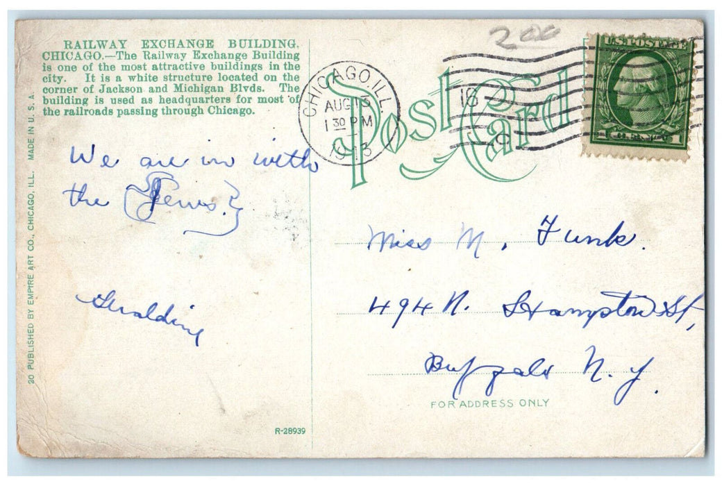 1913 Railway Exchange Building Exterior Chicago Illinois IL Antique Postcard