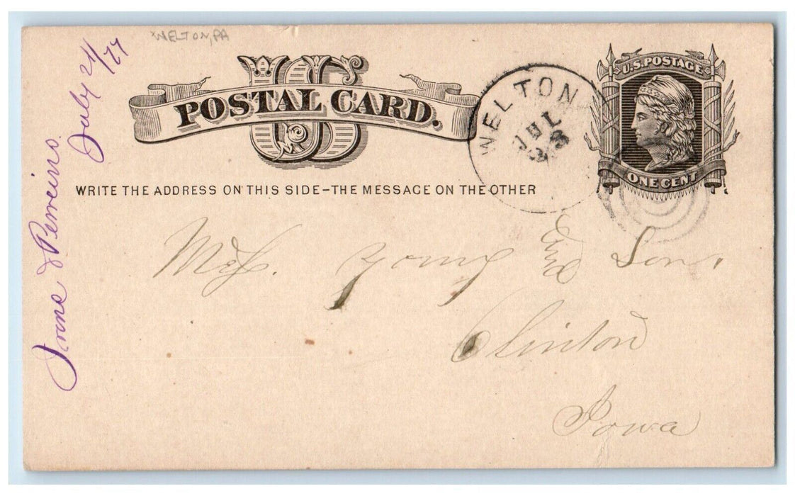 1877 Lumber Price List Welton Pennsylvania PA Clinton Iowa IA Postal Card