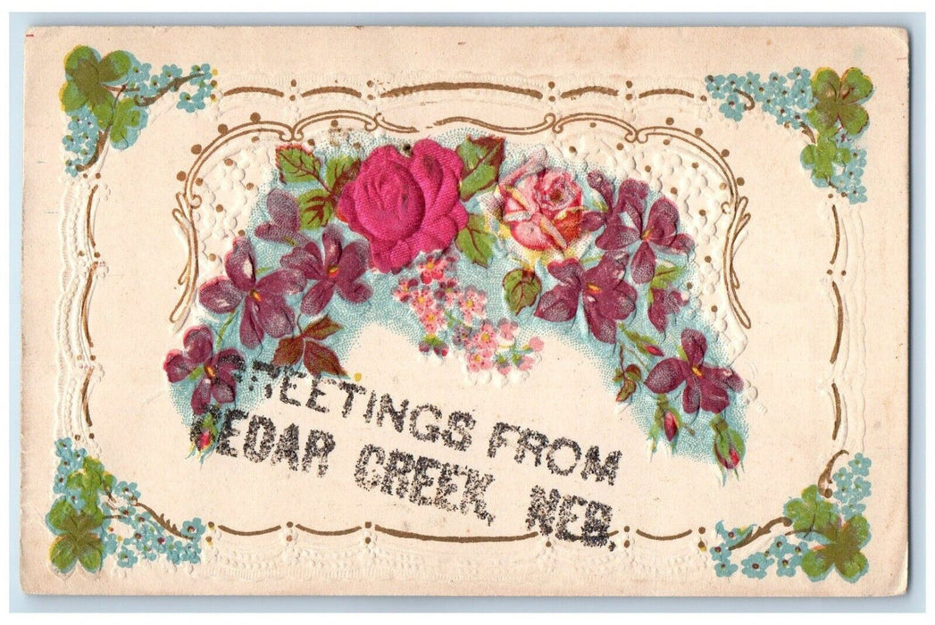 c1910 Greetings From Redar Creek Embossed Flowers Glitter Nebraska NE Postcard