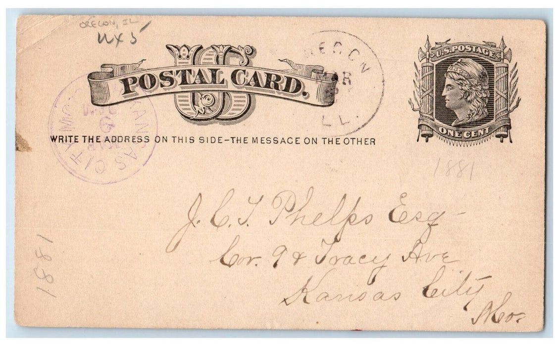 1881 Letter to JCY Phelps Esq Kansas City KS Oregon Illinois IL Postal Card