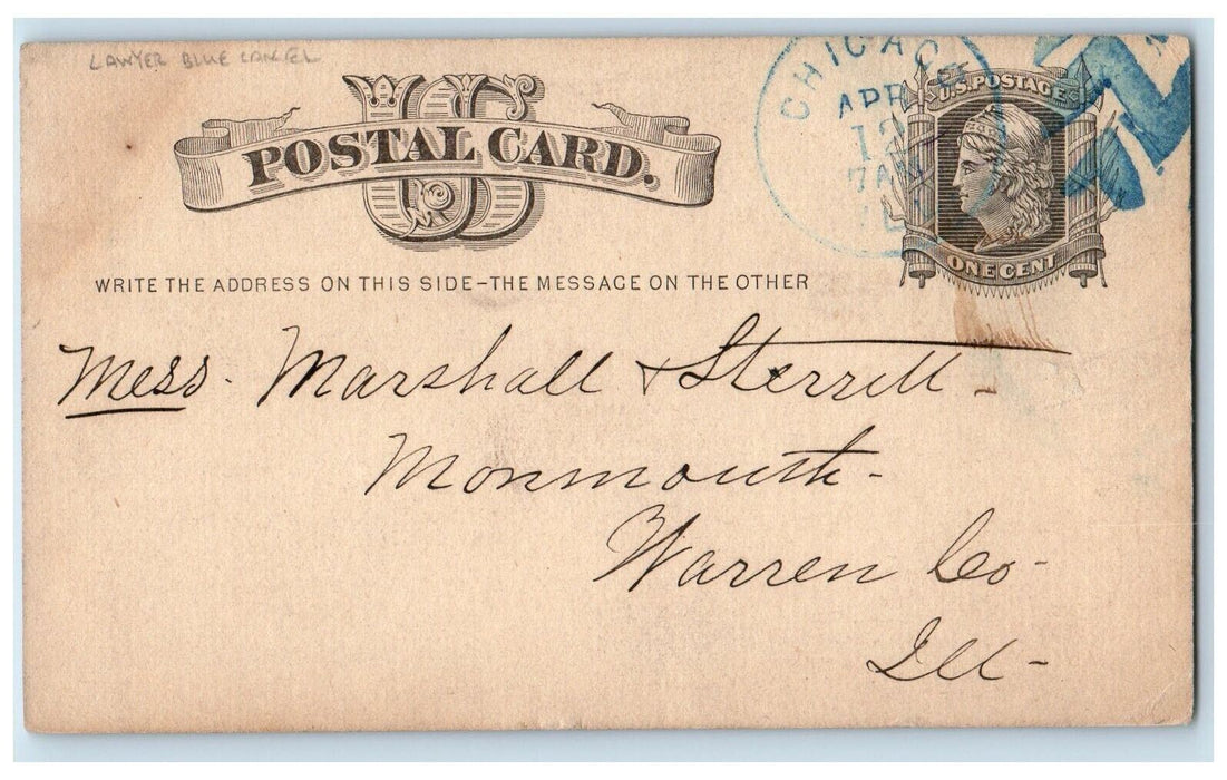 1876 Lawyer Blue Cancel Names of Reliable Attorneys Chicago IL Postal Card