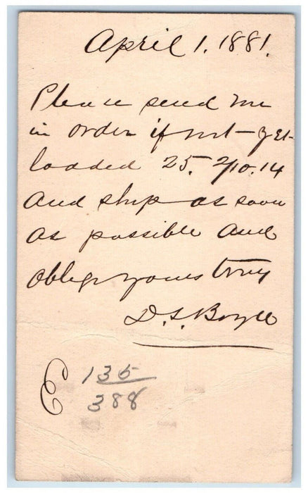 1881 Lumber Order Mount Vernon Pennsylvania PA Clinton Iowa IA Postal Card