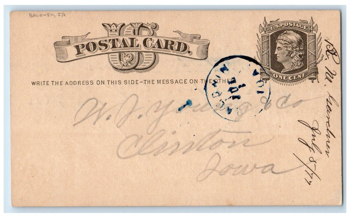 1877 RM Gardner Bill of Lumber Baldwin Iowa IA Clinton IA Postal Card