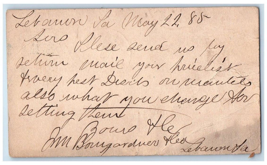 1885 Send Pricelist JM Bomgardner Lebanon Pennsylvania PA Postal Card