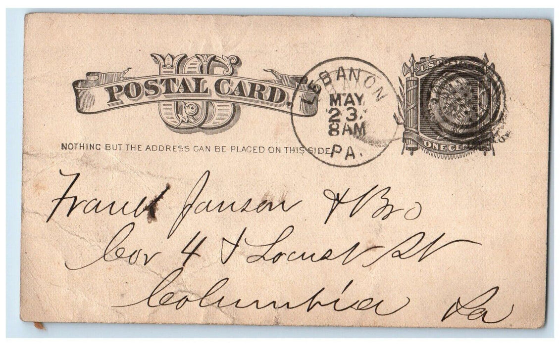 1885 Send Pricelist JM Bomgardner Lebanon Pennsylvania PA Postal Card