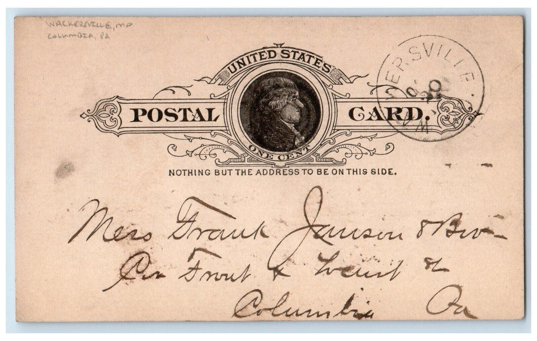 1888 Pipe Ordered Message Wackersville Maryland MD Columbia PA Postal Card