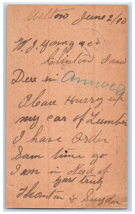 1890 Thornton & Snyder Car of Lumber Welton Iowa IA Clinton IA Postal Card