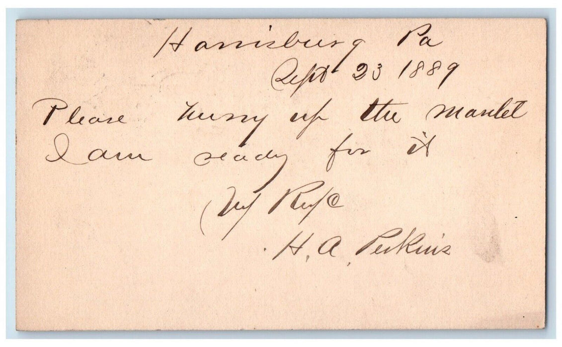 1889 Maulet Message HA Perkins Harrisburg Pennsylvania PA Postal Card