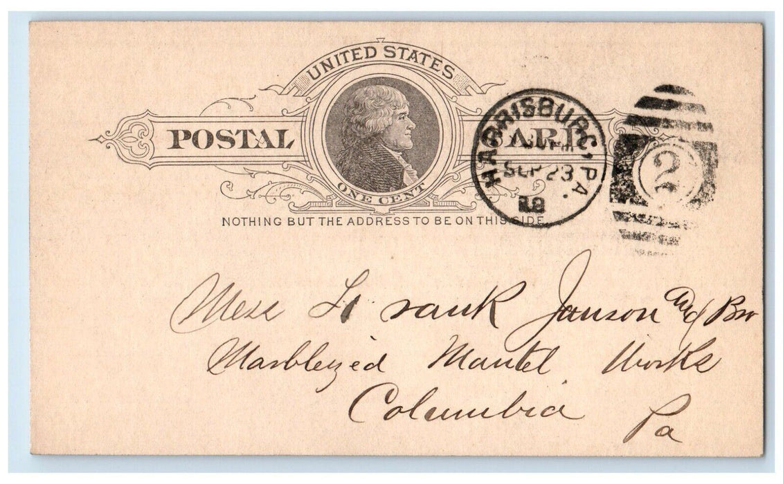 1889 Maulet Message HA Perkins Harrisburg Pennsylvania PA Postal Card