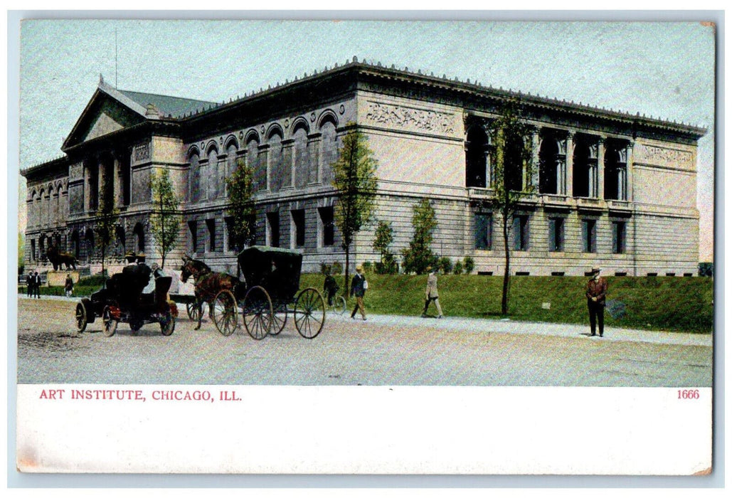 View Of Art Institute Horse Carriage Scene Chicago Illinois IL Antique Postcard