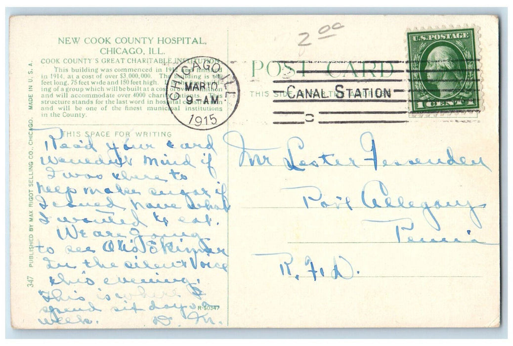 1915 View Of New Cook County Hospital Chicago Illinois IL Antique Postcard