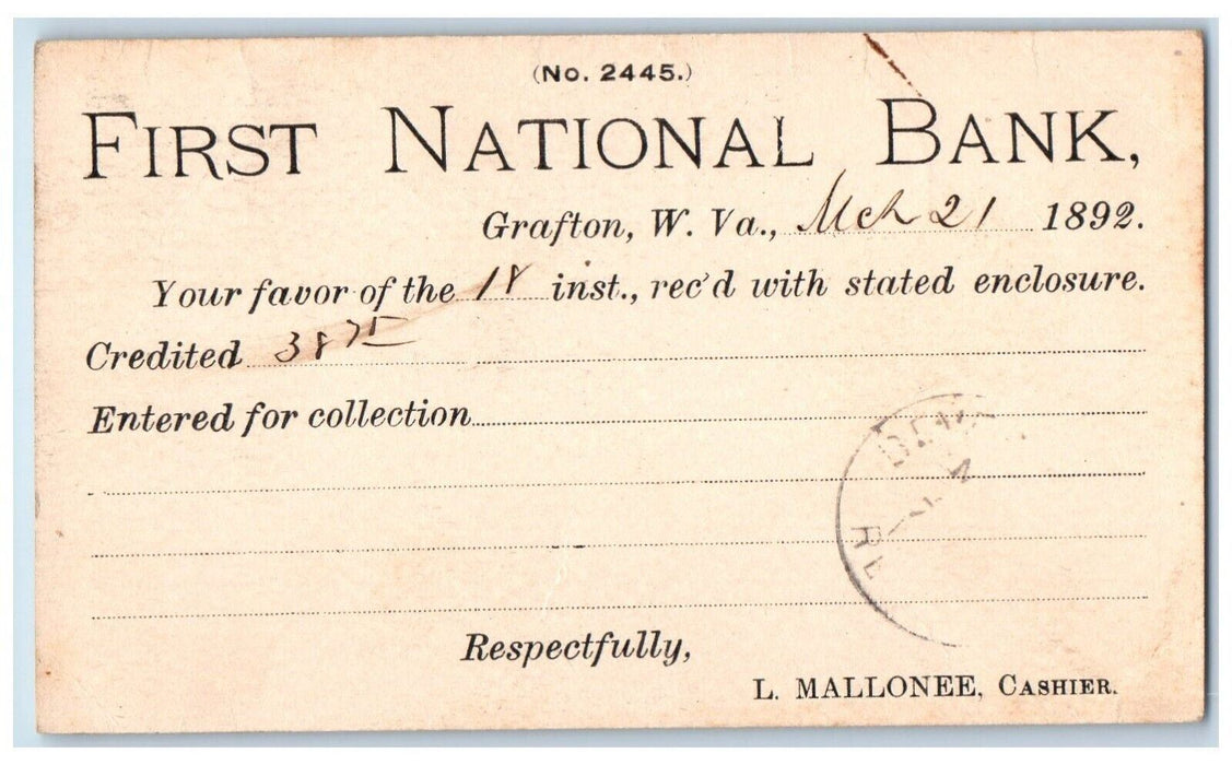 1892 First National Bank Grafton West Virginia WV Antique Postal Card