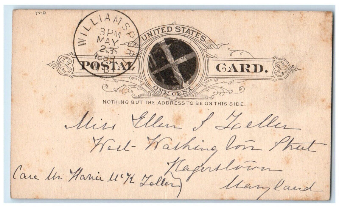 1888 Ms. Ellen Teller Hagerstown Williamsport Maryland MD Antique Postal Card