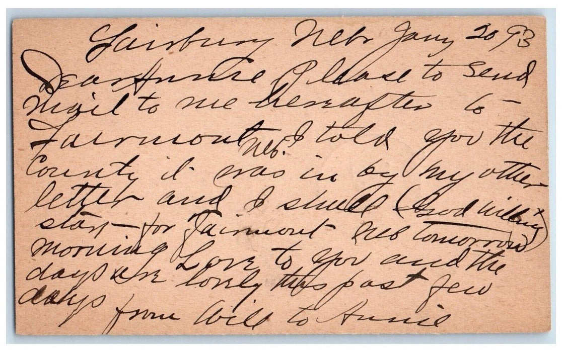 1893 Send Mail WS Howard Fairbury Nebraska NE Omaha NE Antique Postal Card
