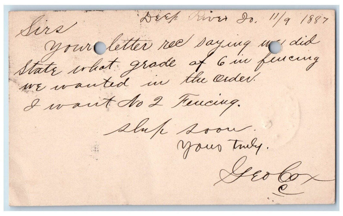 1887 Geo Cox WJ Young & Co. Deep River Iowa IA Clinton IA Antique Postal Card