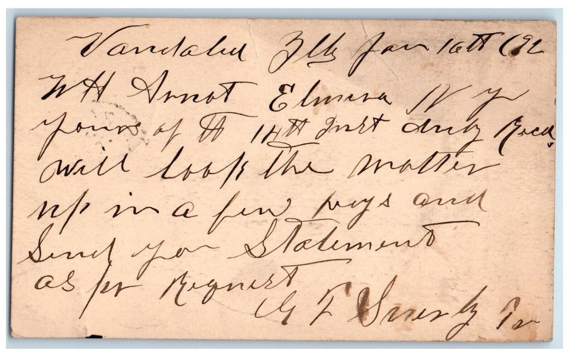 1892 Send Statement Vandalia Illinois IL Elmira NY Antique Postal Card