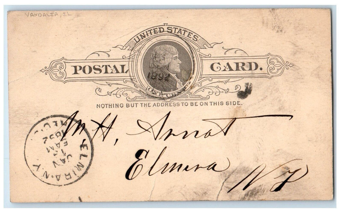 1892 Send Statement Vandalia Illinois IL Elmira NY Antique Postal Card