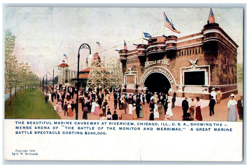 The Beautiful Marine Causeway Riverview Chicago Illinois IL Antique Postcard