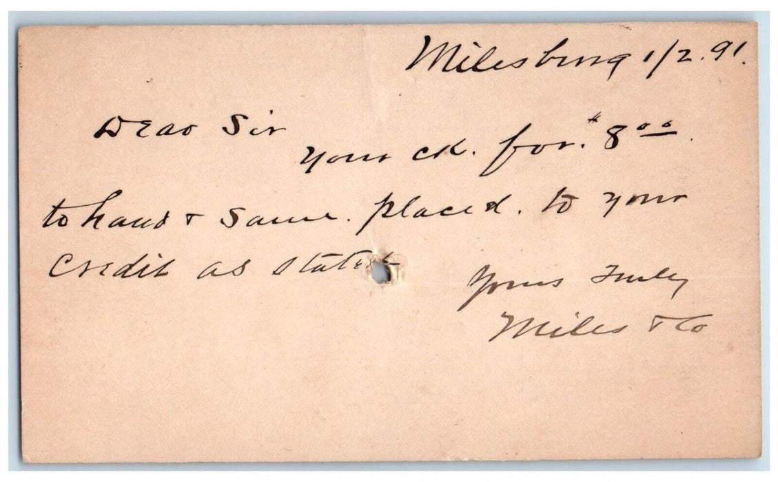 1891 Miles & Co. Milesburg Pennsylvania PA Fleming PA Antique Postal Card