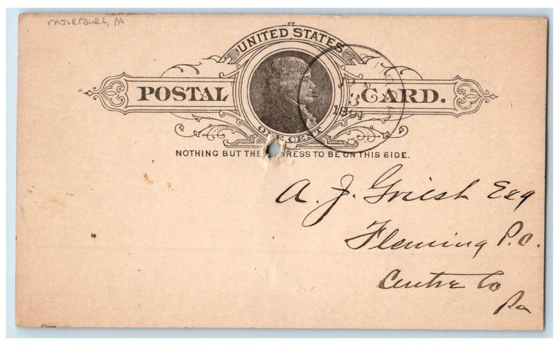 1891 Miles & Co. Milesburg Pennsylvania PA Fleming PA Antique Postal Card