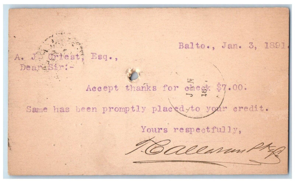 1891 Credit Message AJ Griest Esq Fleming PA Baltimore Maryland MD Postal Card