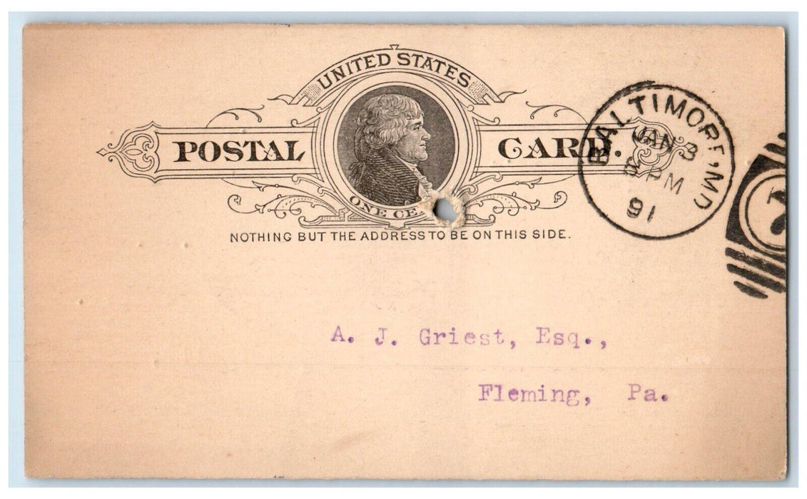 1891 Credit Message AJ Griest Esq Fleming PA Baltimore Maryland MD Postal Card