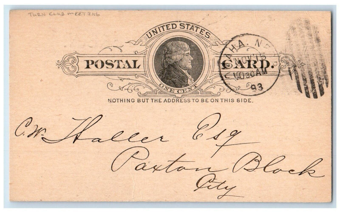1893 Omaha Turn-Verein Turn Club Meeting Omaha Nebraska NE Postal Card