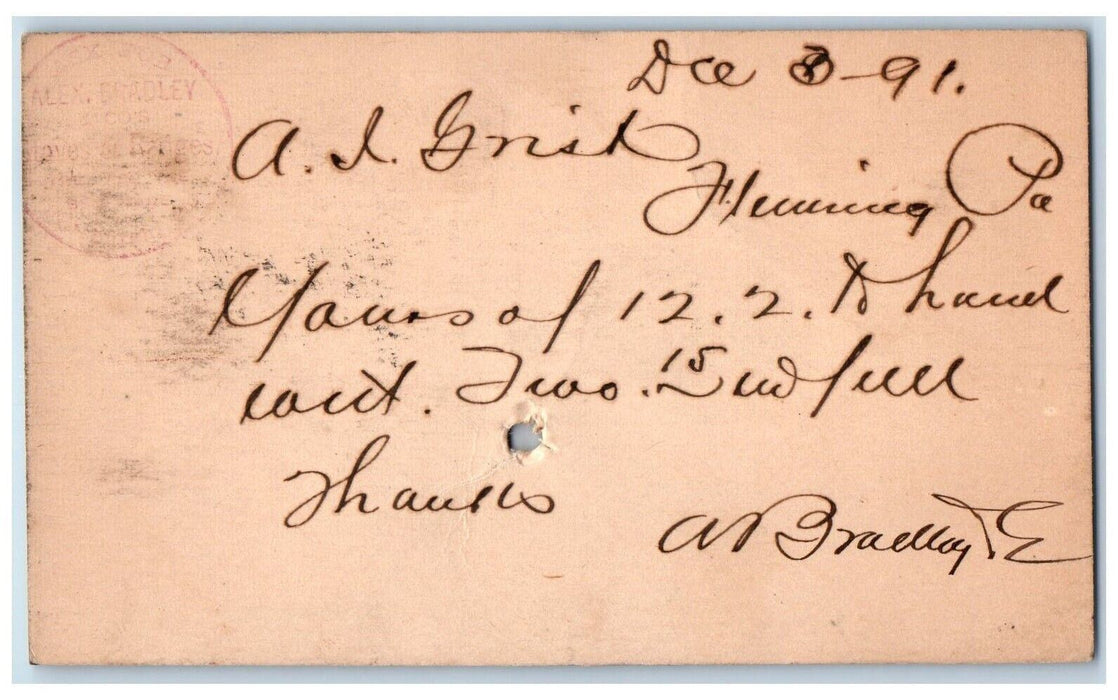 1891 Alex Bradley Stove Ranges AJ Griest Fleming Pennsylvania PA Postal Card