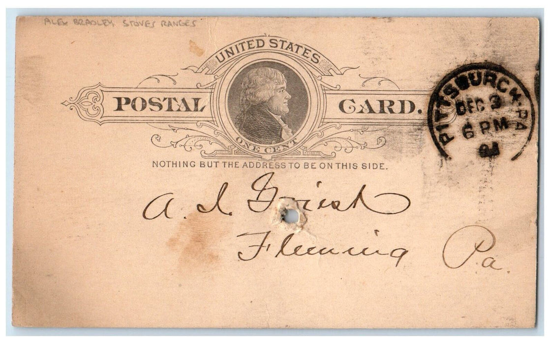 1891 Alex Bradley Stove Ranges AJ Griest Fleming Pennsylvania PA Postal Card