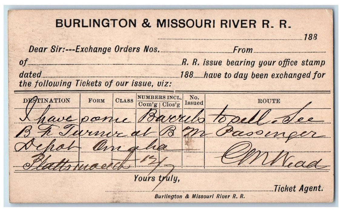 1888 Burlington & Missouri River Railroad Omaha Nebraska NE Postal Card